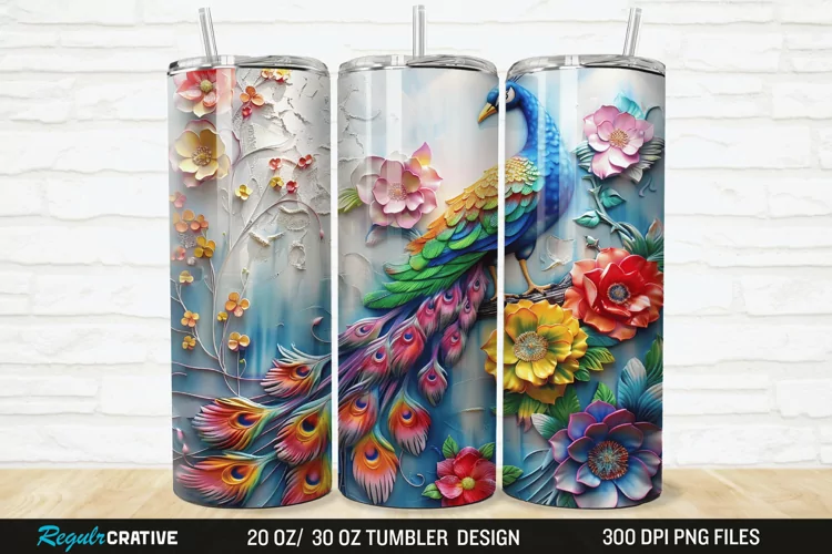 3D Colorful Flowers Peacock Floral 20/30oz Skinny Tumbler