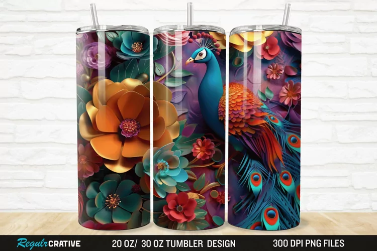 3D Colorful Flowers Peacock Floral 20/30oz Skinny Tumbler