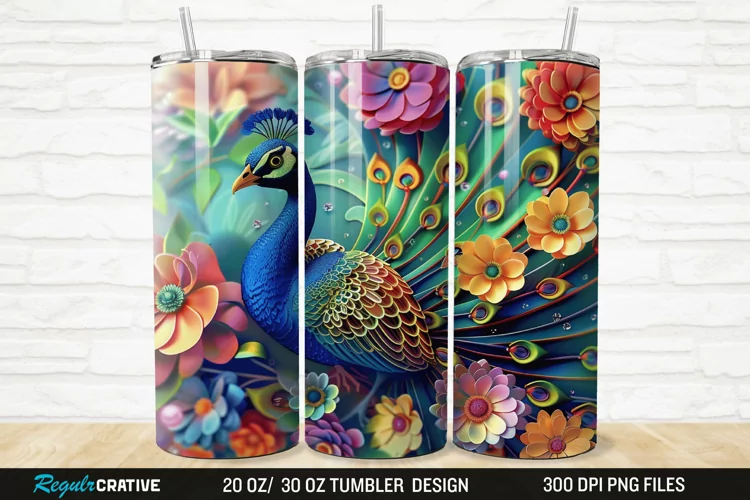 3D Colorful Flowers Peacock Floral 20/30oz Skinny Tumbler