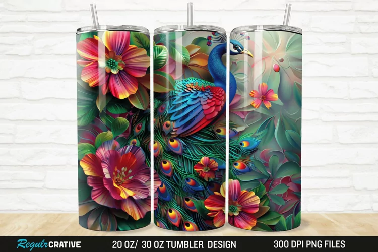 3D Colorful Flowers Peacock Floral 20/30oz Skinny Tumbler