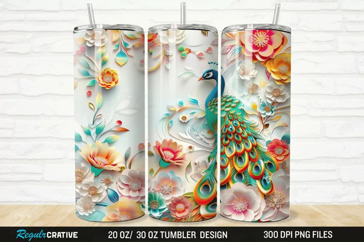 3D Colorful Flowers Peacock Floral 20/30oz Skinny Tumbler