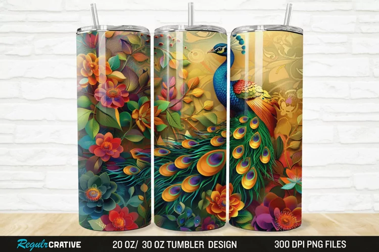 3D Colorful Flowers Peacock Floral 20/30oz Skinny Tumbler