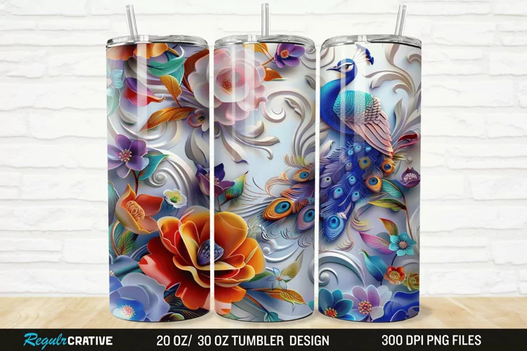 3D Colorful Flowers Peacock Floral 20/30oz Skinny Tumbler