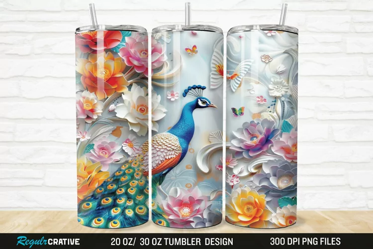 3D Colorful Flowers Peacock Floral 20/30oz Skinny Tumbler