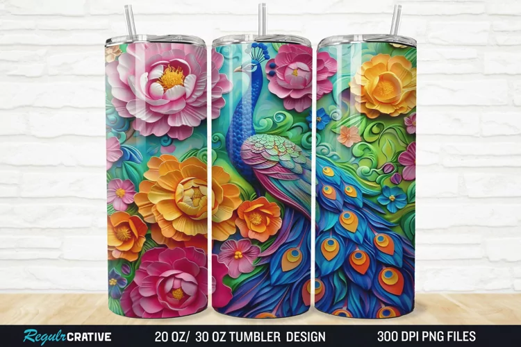3D Colorful Flowers Peacock Floral 20/30oz Skinny Tumbler