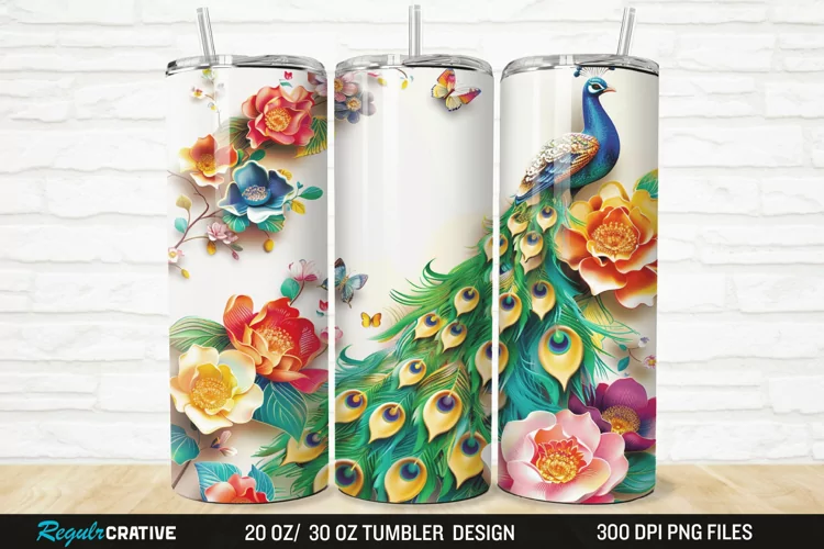 3D Colorful Flowers Peacock Floral 20/30oz Skinny Tumbler