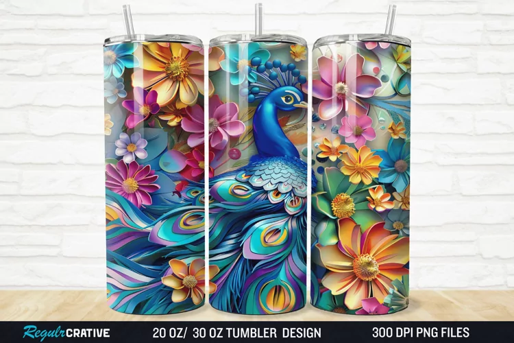 3D Colorful Flowers Peacock Floral 20/30oz Skinny Tumbler
