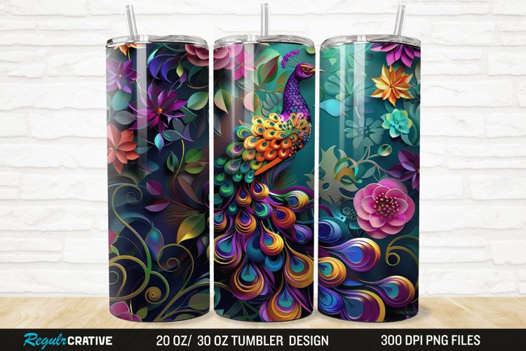 3D Colorful Flowers Peacock Floral 20/30oz Skinny Tumbler