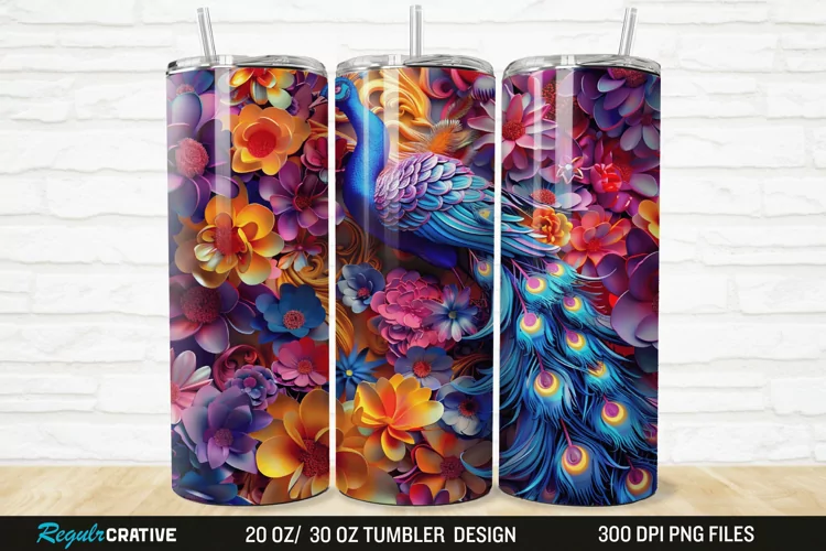 3D Colorful Flowers Peacock Floral 20/30oz Skinny Tumbler