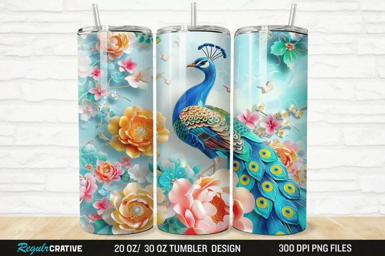 3D Colorful Flowers Peacock Floral 20/30oz Skinny Tumbler