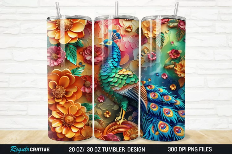 3D Colorful Flowers Peacock Floral 20/30oz Skinny Tumbler