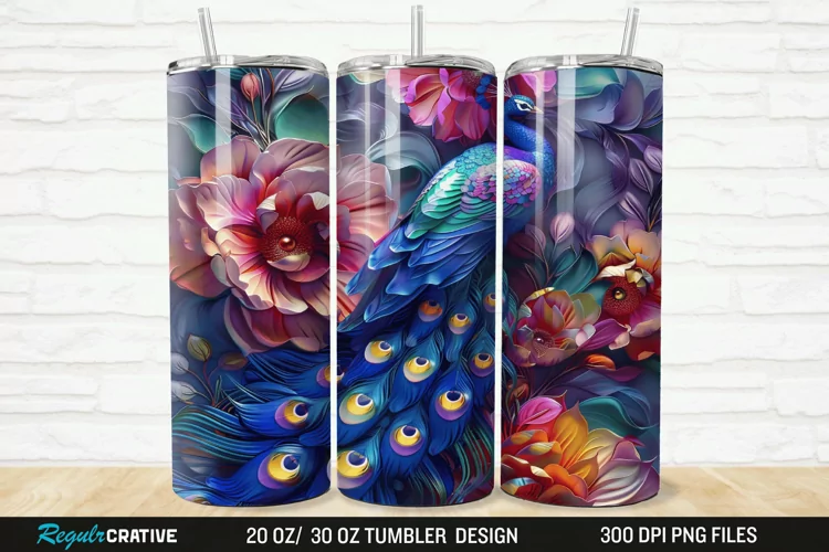 3D Colorful Flowers Peacock Floral 20/30oz Skinny Tumbler