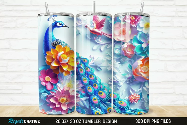 3D Colorful Flowers Peacock Floral 20/30oz Skinny Tumbler