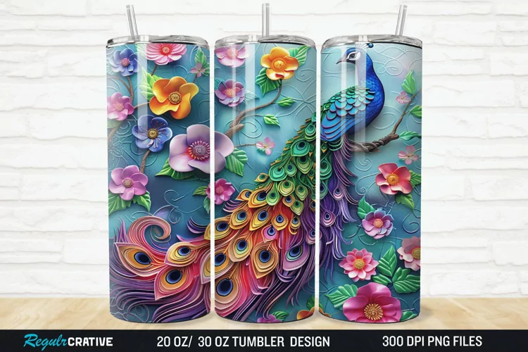 3D Colorful Flowers Peacock Floral 20/30oz Skinny Tumbler