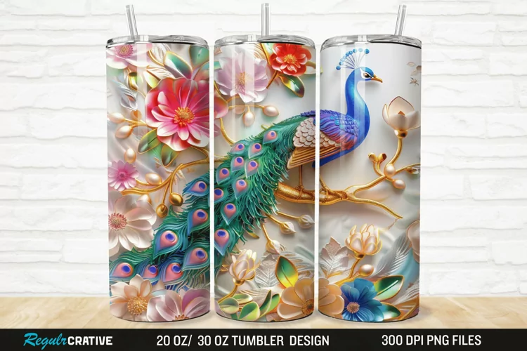 3D Colorful Flowers Peacock Floral 20/30oz Skinny Tumbler