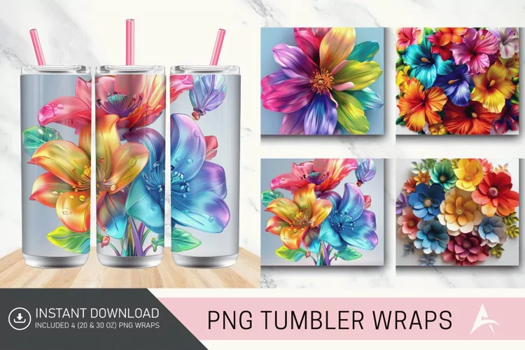 3D Colorful Rainbow Flowers Tumbler wrap