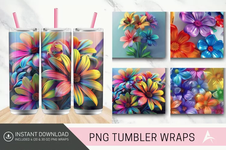 3D Colorful Rainbow Flowers Tumbler wrap