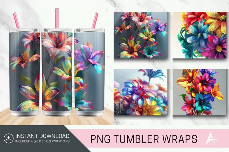 3D Colorful Rainbow Flowers Tumbler wrap
