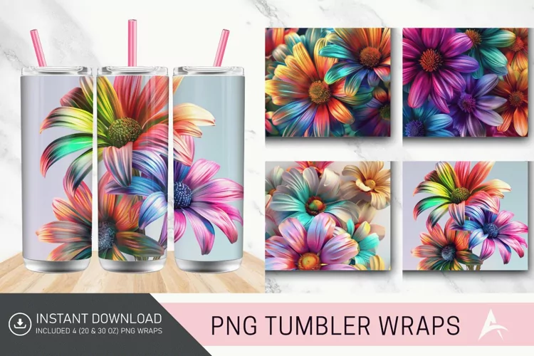 3D Colorful Rainbow Flowers Tumbler wrap