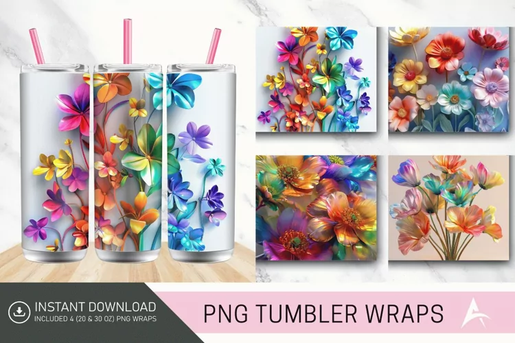 3D Colorful Rainbow Flowers Tumbler wrap