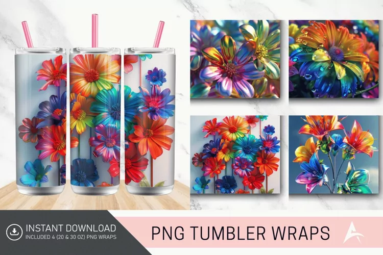 3D Colorful Rainbow Flowers Tumbler wrap