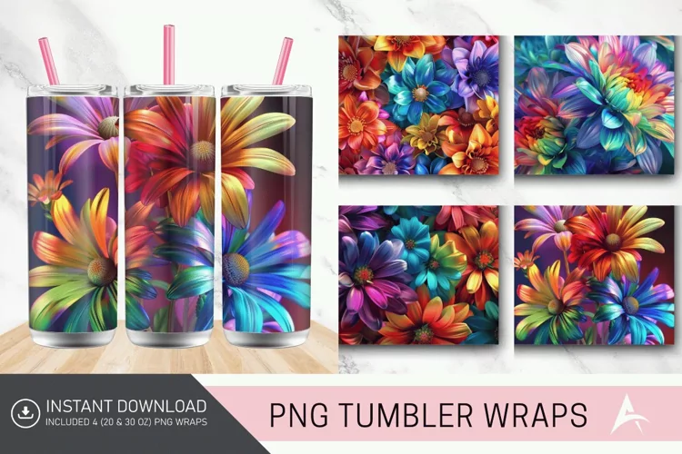 3D Colorful Rainbow Flowers Tumbler wrap