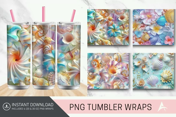 3D Colorful Seashells Floral Tumbler Wrap