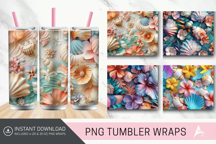 3D Colorful Seashells Floral Tumbler Wrap