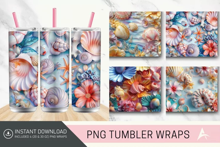 3D Colorful Seashells Floral Tumbler Wrap