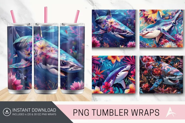 3D Colorful Shark Floral Tumbler Wrap