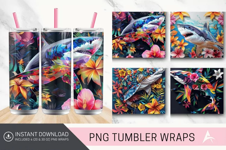 3D Colorful Shark Floral Tumbler Wrap