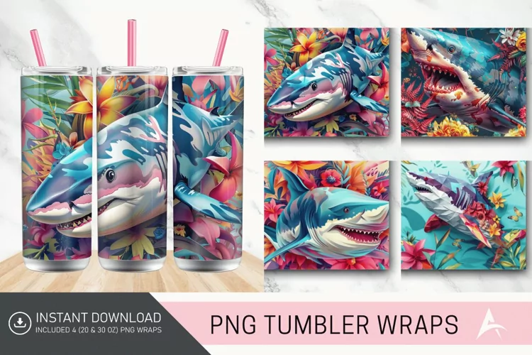 3D Colorful Shark Floral Tumbler Wrap