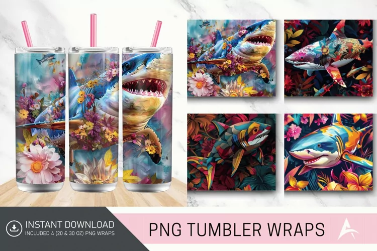 3D Colorful Shark Floral Tumbler Wrap
