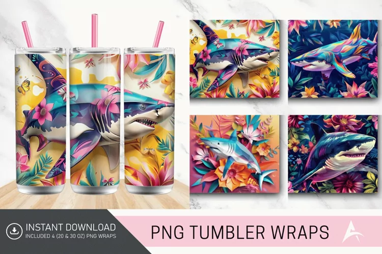 3D Colorful Shark Floral Tumbler Wrap