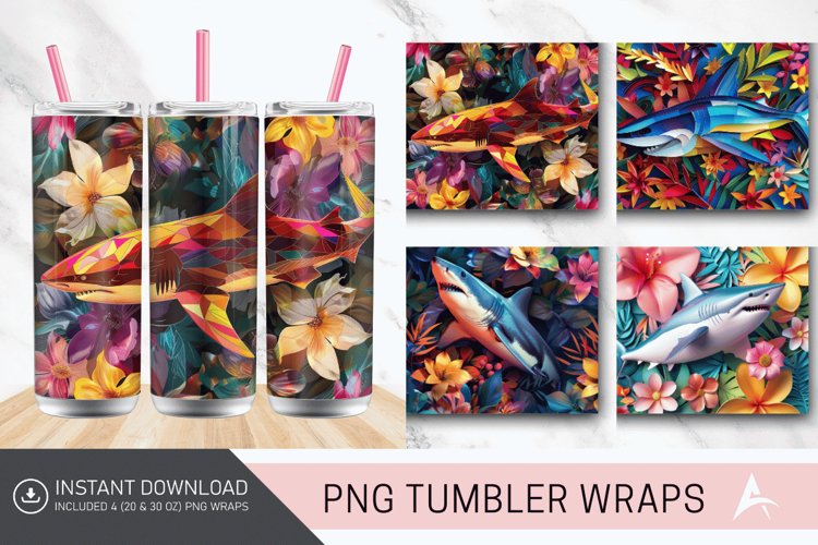 3D Colorful Shark Floral Tumbler Wrap