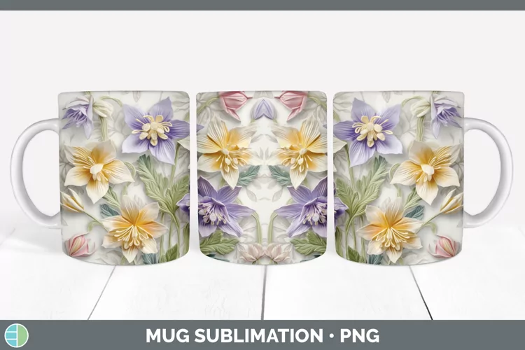 3D Columbine Flowers Mug Wrap | Sublimation Coffee Cup Desig