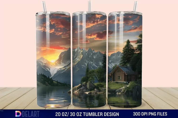 3D Cottage Sunset Mountain Tumbler Wrap