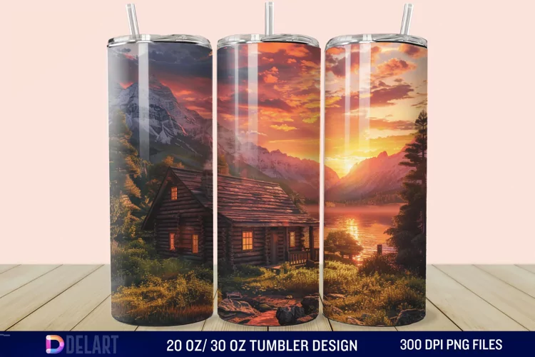 3D Cottage Sunset Mountain Tumbler Wrap
