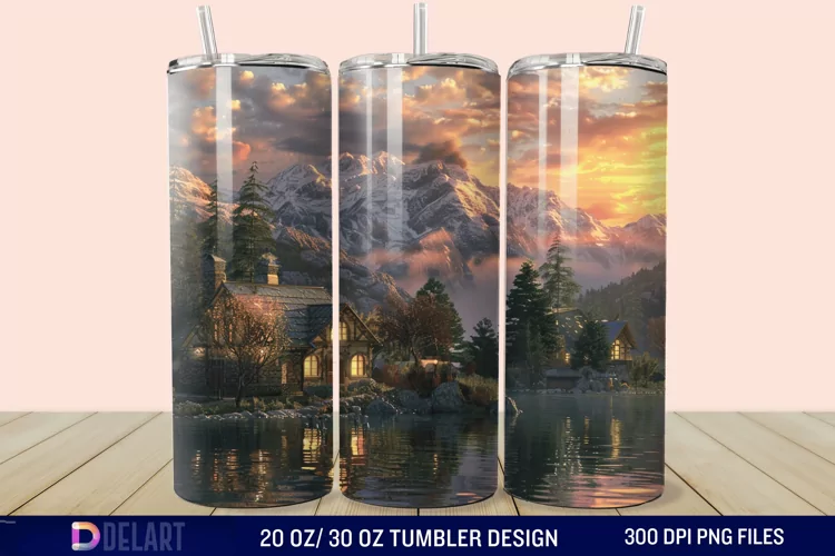 3D Cottage Sunset Mountain Tumbler Wrap