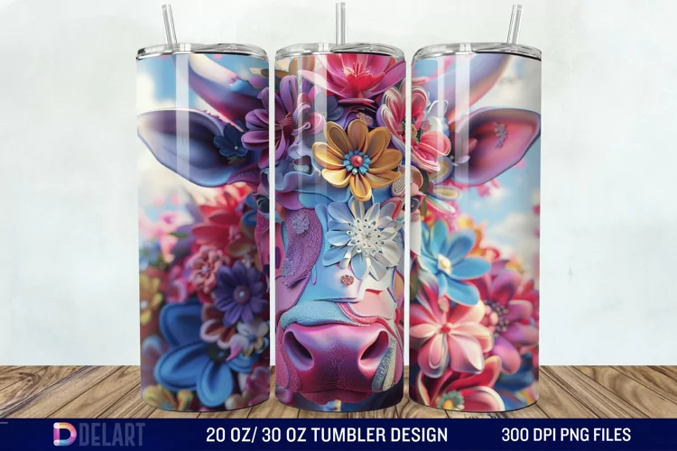 3D Cow Flower Tumbler Wrap