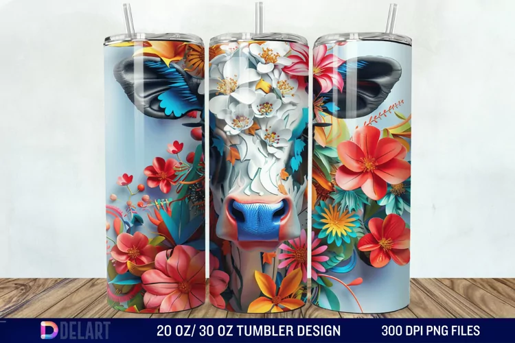 3D Cow Flower Tumbler Wrap