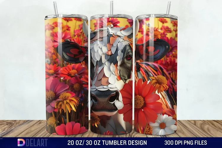 3D Cow Flower Tumbler Wrap