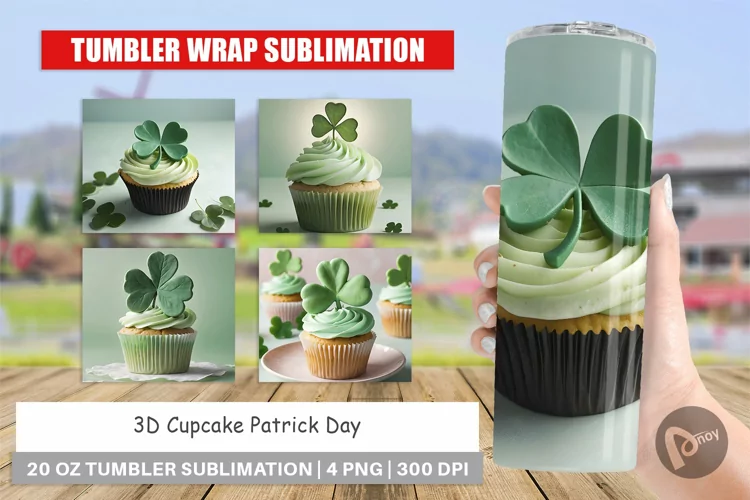 Tumbler Sublimation Wrap 3D Cupcake Patrick Day