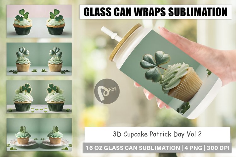 Glass Can Wraps 3D Cupcake Patrick Day example image 1