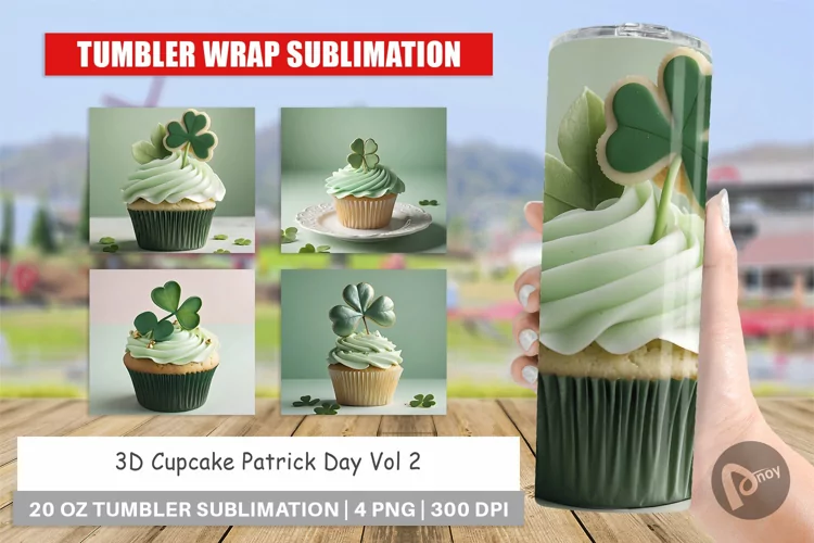 Tumbler Sublimation Wrap 3D Cupcake Patrick Day