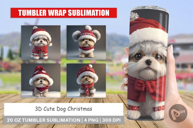 Tumbler Sublimation Wrap 3D Cute Dog Christmas example image 1