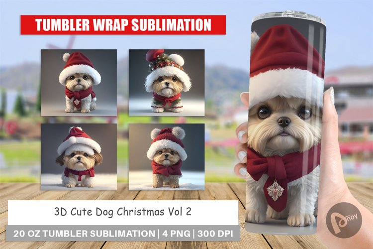Tumbler Sublimation Wrap 3D Cute Dog Christmas example image 1