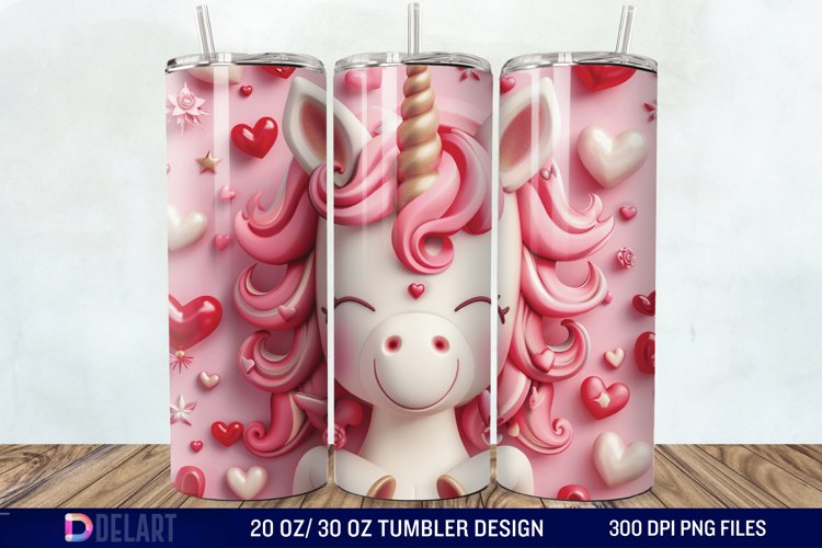 3D Cute Unicorn Valentine Tumbler Wrap example image 1