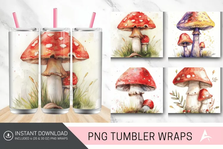 3D Cute Watercolor Mushroom Tumbler wrap