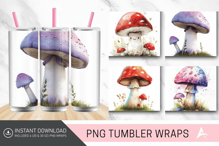 3D Cute Watercolor Mushroom Tumbler wrap